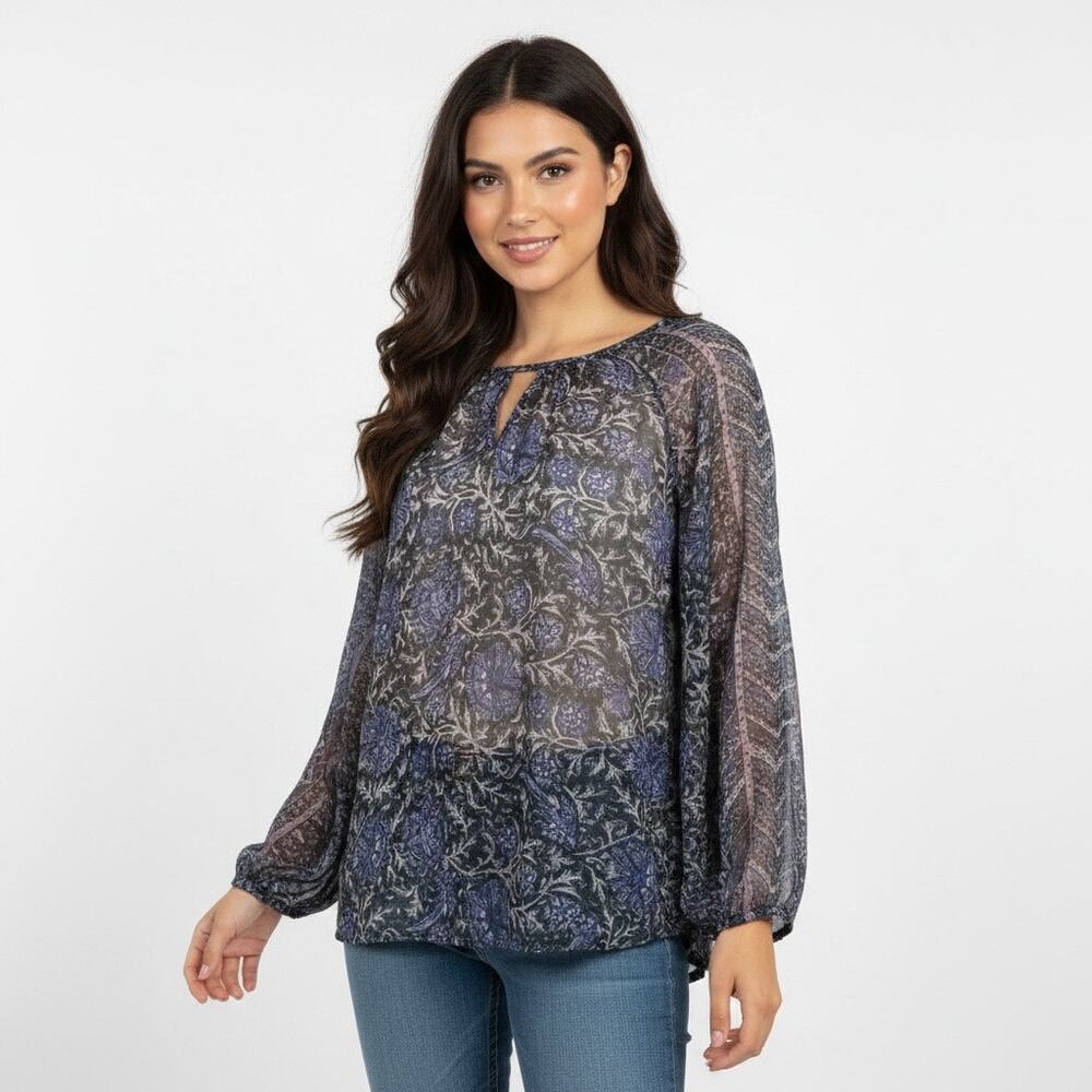 Lucky Brand Sheer Boho Paisley Blue Purple Peasant Blouse Medium Indian Office